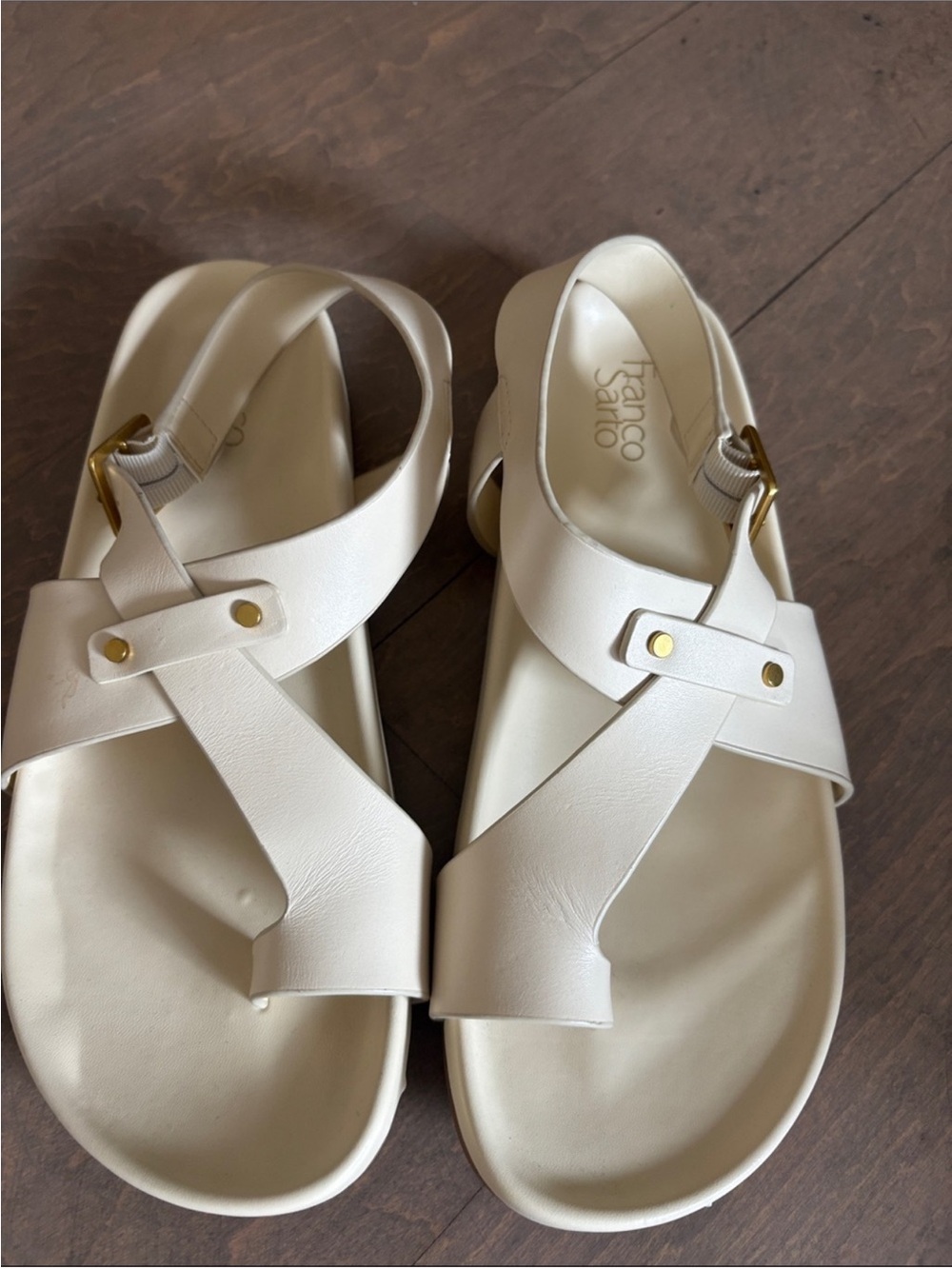 Franco Sarto Ivory Cross-Strap Leather Sandals with Gold Accents